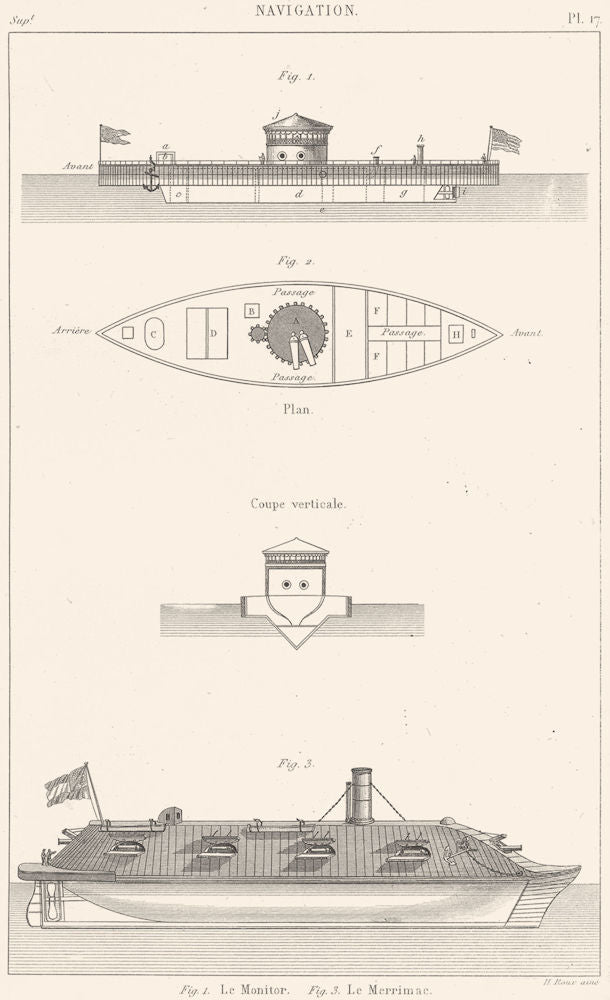 SHIPS. Navigation. Le Monitor; Le Merrimac 1879 old antique print picture
